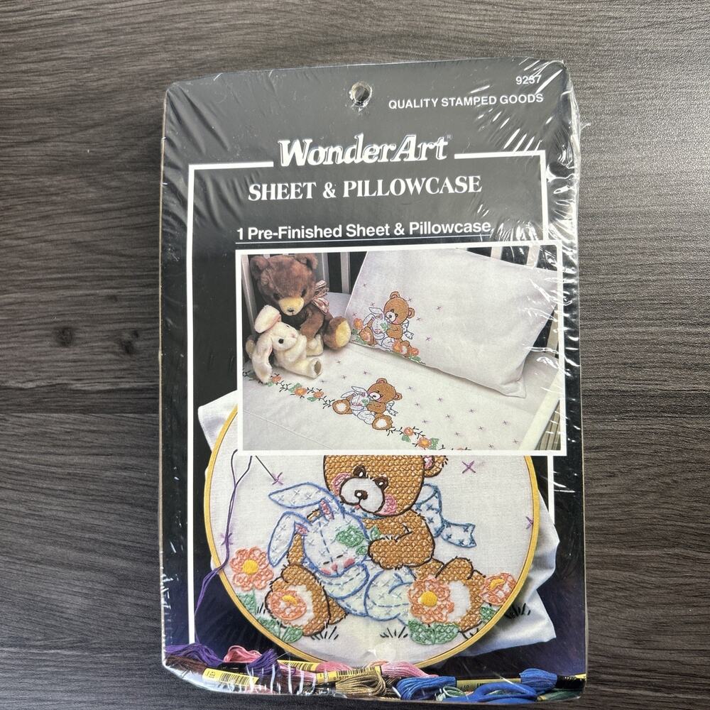Vintage WonderArt 9237 Bear Bunny Stamped Sheet Pillowcase Embroidery Kit NOS